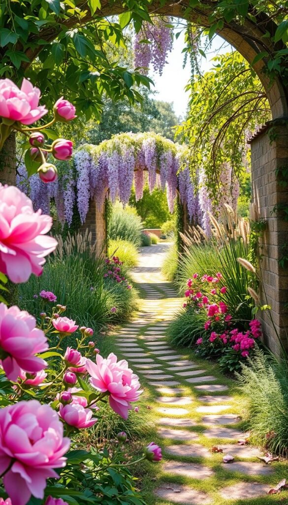 A lush, whimsical garden path winds through a tapestry of vibrant pink blooms. In the foreground, a cluster of fragrant peonies and delicate cherry blossoms sway gently in a soft breeze. Beyond, a meandering trail is lined with cascading wisteria vines and tall, swaying grasses. Dappled sunlight filters through a canopy of verdant foliage, casting a warm, romantic glow across the scene. In the distance, a quaint stone archway frames the view, inviting the viewer to embark on this enchanting pink garden journey.