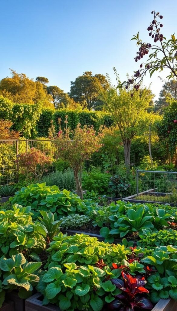 A lush, year-round edible landscape bursting with vibrant colors and textures. In the foreground, an abundance of leafy greens, vibrant vegetables, and fragrant herbs thrive in raised garden beds. Fruit trees and berry bushes dot the middle ground, their branches heavy with ripe produce. In the background, a verdant tapestry of companion plants and flowering vines create a natural, harmonious backdrop. Warm, golden sunlight filters through the canopy, casting a gentle glow over the scene. The overall composition evokes a sense of abundant nourishment and a deep connection to the land. A beautifully curated, productive oasis that seamlessly blends function and aesthetics.