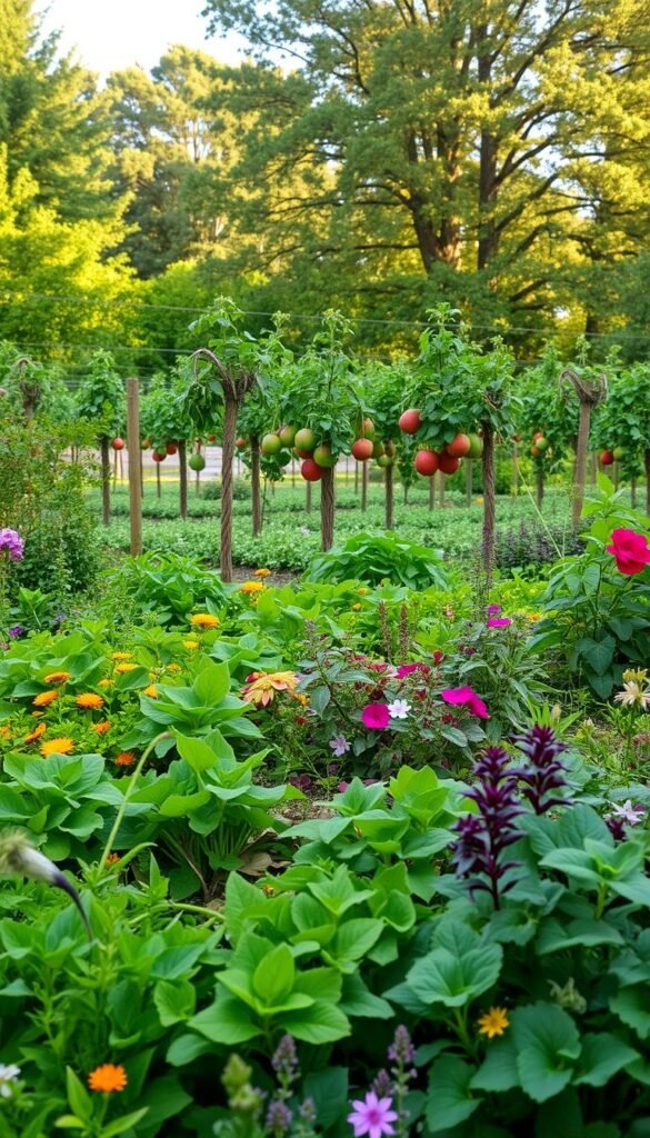 A lush, year-round edible landscape design featuring an abundance of diverse, thriving plants. In the foreground, a vibrant array of leafy greens, herbs, and colorful flowers creates a visually captivating tapestry. The middle ground showcases a well-organized layout of dwarf fruit trees, their branches laden with ripe, juicy produce. In the background, a verdant backdrop of towering canopy trees provides dappled shade and a sense of natural harmony. The lighting is soft and natural, with warm hues that accentuate the vibrant colors of the foliage. The overall composition conveys a sense of balance, productivity, and a harmonious integration of food production within a beautifully designed outdoor living space.