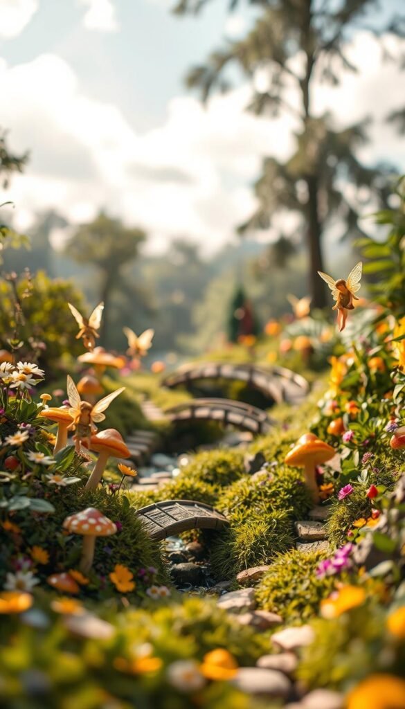 A magical fairy garden adventure unfolds in a lush, verdant setting. In the foreground, whimsical fairies flutter among delicate flowers and vibrant mushrooms, their ethereal wings casting a warm, golden glow. Meandering pathways wind through the middle ground, inviting exploration, with miniature bridges arching over babbling brooks. In the background, towering trees and wispy clouds frame the enchanting scene, bathed in soft, diffused lighting that evokes a dreamlike atmosphere. Intricate details and enchanting textures bring this captivating fairy world to life, radiating a sense of wonder and mystique.