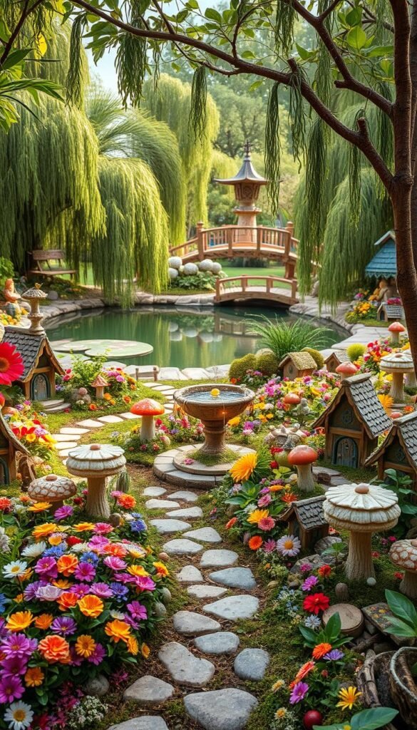 A magical fairy garden filled with whimsical details and lush foliage. In the foreground, a winding path leads through a kaleidoscope of colorful flowers and miniature fairy homes crafted from natural materials. Midground showcases an ornate birdbath surrounded by enchanting toadstools and sparkling fairy lights. The background features a tranquil pond reflecting the sky, with willow trees and a quaint wooden bridge. Gentle afternoon sunlight filters through the verdant canopy, casting a warm, inviting glow over the enchanting scene. Capture the serene, otherworldly essence of an idyllic fairy oasis.