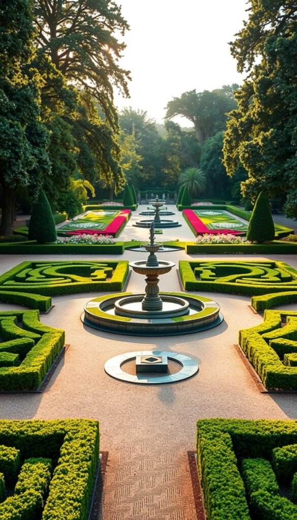 A manicured formal garden bathed in warm afternoon sunlight, with intricate symmetrical pathways and geometric hedges framing a central ornamental fountain. The foreground features precisely trimmed boxwood hedges forming an elegant parterre layout, while the middle ground showcases a grand, tiered stone fountain adorned with cascading water. In the background, towering shade trees and lush flowerbeds create a sense of verdant enclosure, evoking the grandeur of a royal estate. The overall atmosphere exudes a regal, timeless elegance, inviting the viewer to bask in the serenity of this meticulously designed outdoor sanctuary.