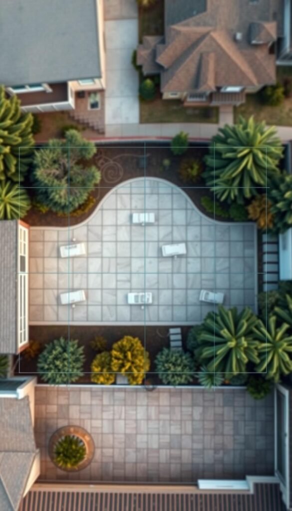 A meticulous top-down view of a residential yard space, with a focus on analysis and optimization. The foreground depicts an overhead grid overlay, highlighting the various zones and dimensions of the outdoor area. The middle ground showcases the existing landscape elements, such as trees, shrubs, and pathways, rendered in a muted, almost diagrammatic style. The background features a softly blurred suburban neighborhood, providing context. The lighting is natural, with a slightly overcast ambiance, emphasizing the analytical nature of the scene. The overall mood is one of thoughtful planning and strategic understanding of the outdoor space.