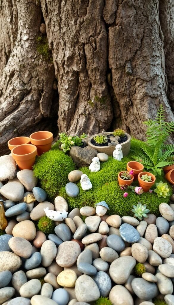 A meticulously arranged collection of natural materials for a whimsical DIY fairy garden. In the foreground, an assortment of smooth river stones, miniature terracotta pots, and delicate ceramic figurines lie scattered. In the middle ground, vibrant moss, lush ferns, and a variety of small succulents nestle amongst the materials, hinting at the verdant garden to come. The background features a gnarled tree trunk, its weathered bark providing a rustic backdrop for the artfully curated tableau. Soft, diffused lighting casts a warm, magical glow over the scene, inviting the viewer to imagine the enchanting fairy habitat that could be created with these humble, natural elements.