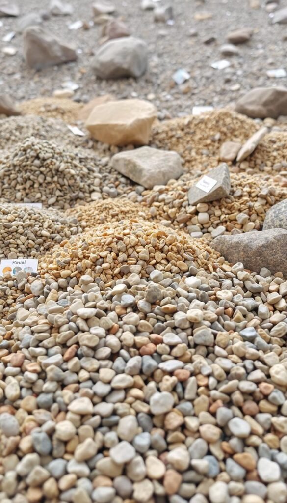 A meticulously arranged display of diverse gravel types, showcasing their distinct textures, hues, and sizes. In the foreground, a well-lit selection of pebbles and crushed stones in varying shades of grey, beige, and earthy tones, each sample neatly labeled. The middle ground features larger, irregularly shaped rocks and boulders, their surfaces reflecting the soft, directional lighting. In the background, a softly blurred expanse of a natural gravel landscape, hinting at the diverse applications and sustainable uses of these versatile materials. The overall scene conveys a sense of order, materiality, and an appreciation for the beauty inherent in nature's raw elements.