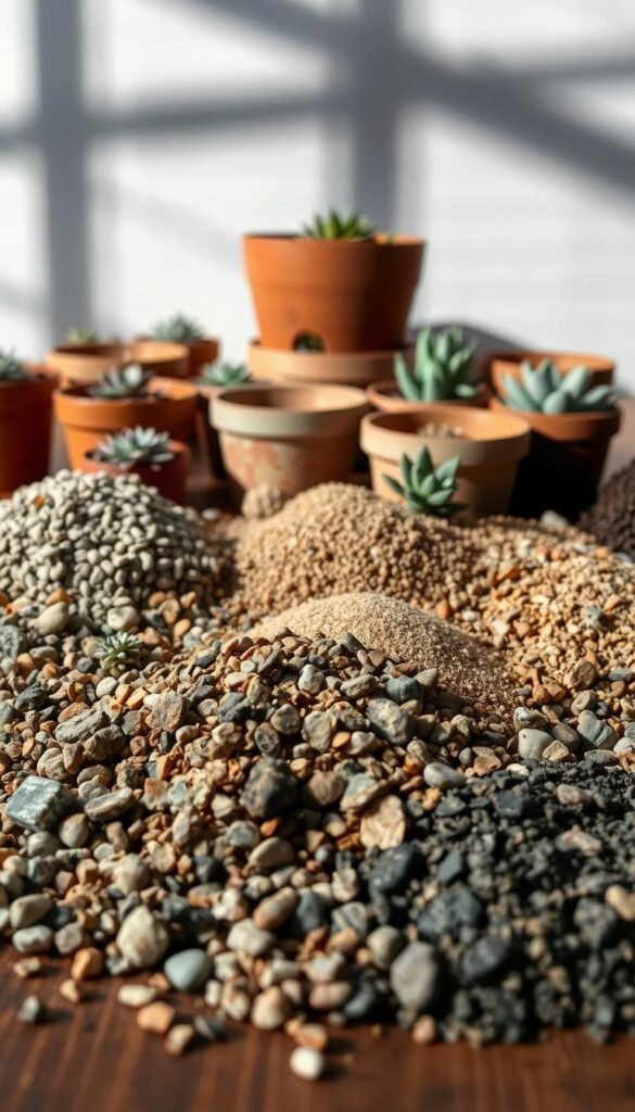 A meticulously arranged display of succulent drainage materials on a wooden surface, capturing the essential tools for a micro-landscape. In the foreground, an assortment of pebbles, gravel, and sand in varying textures and hues, meticulously organized. In the middle ground, terracotta pots and containers of diverse shapes and sizes, their surfaces weathered and inviting. The background features a subtle play of shadows and highlights, accentuating the natural beauty of the materials. The lighting is soft and diffused, creating a serene and contemplative atmosphere, perfect for showcasing the essential components of a thriving micro-landscape.