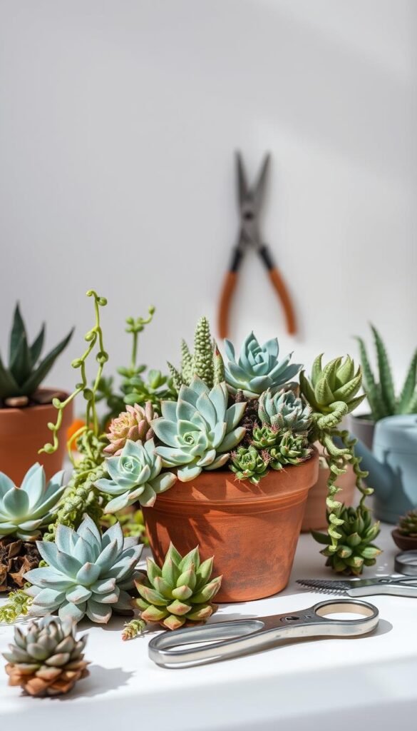 A meticulously composed still life showcasing the fundamentals of succulent care. In the foreground, a selection of diverse succulent varieties - plump rosettes, trailing vines, and spiky specimens - artfully arranged in a rustic terracotta pot. Soft, natural lighting illuminates the scene, casting gentle shadows that accentuate the unique textures and vibrant hues of the plants. In the middle ground, an array of gardening tools - pruning shears, a small watering can, and a magnifying glass - hinting at the nurturing care required to maintain these resilient plants. The background features a clean, minimalist setting, allowing the succulents to take center stage and inspire the viewer's green-thumb ambitions.
