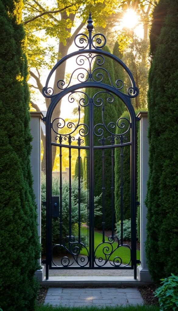 A meticulously crafted, wrought-iron garden gate stands tall, its elegant curves and intricate design exuding a sense of security and timeless elegance. The gate is nestled within a lush, verdant landscape, with dense shrubbery and towering trees framing the entryway, creating a sense of privacy and seclusion. Warm, golden sunlight filters through the leaves, casting a soft, inviting glow upon the scene. The gate's sturdy construction and careful attention to detail suggest a harmonious balance between functionality and aesthetic appeal, perfectly capturing the essence of "Designing for Privacy, Security, and Visual Appeal".