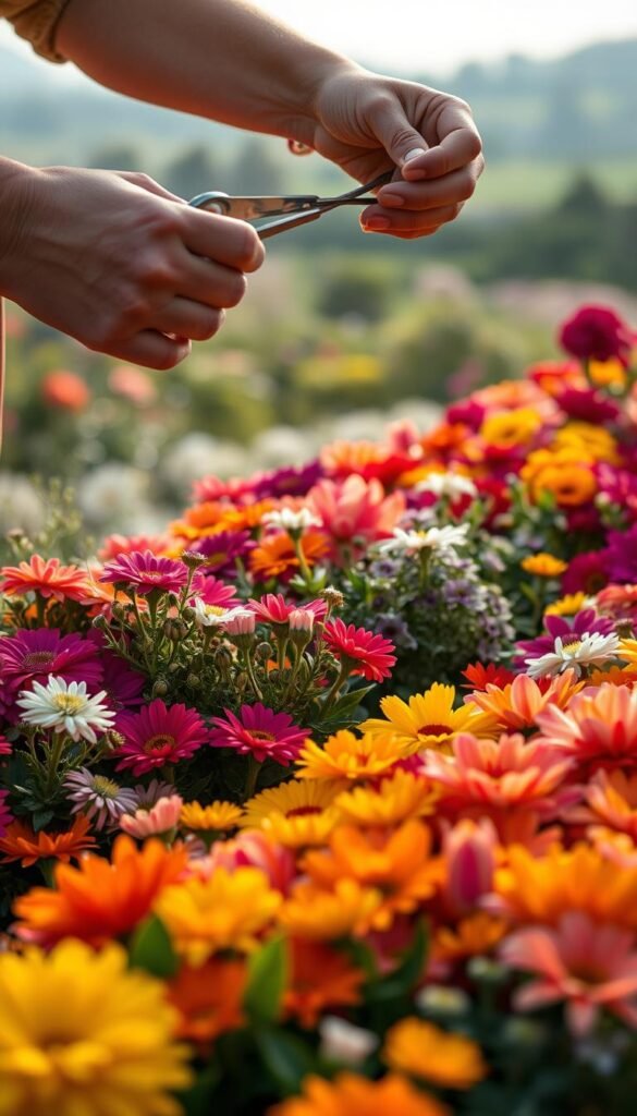 A meticulously curated flower garden, its vibrant blooms arranged in a harmonious palette. In the foreground, a gardener's hands gently prune and rearrange the selection, fine-tuning the composition with a keen eye. Soft, diffused lighting filters through the verdant foliage, casting a warm, contemplative atmosphere. The middle ground showcases an array of colorful petals, their textures and hues intertwining to create a visually striking display. In the background, a blurred, out-of-focus landscape sets the scene, allowing the focus to remain on the delicate task of editing and organizing the plant selection. The overall image conveys the thoughtful process of refining a flower garden's design, balancing color, texture, and cohesion.