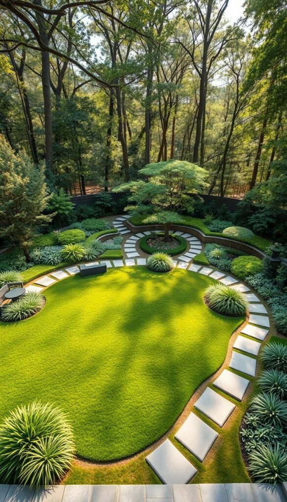 A meticulously designed bubble diagram garden layout, showcasing a harmonious arrangement of distinct functional zones. The foreground features a central open lawn, surrounded by lush, verdant planting beds in organic, fluid shapes. In the middle ground, sculptural stone pathways wind through the space, guiding visitors on a leisurely stroll. Tucked within the planting beds, intimate seating areas offer opportunities for relaxation and contemplation. The background is characterized by a natural woodland backdrop, its dappled sunlight filtering through the canopy and casting a warm, serene ambiance over the entire scene. Captured with a wide-angle lens to provide a comprehensive view, this bubble diagram embodies the essence of thoughtful, conceptual garden design.