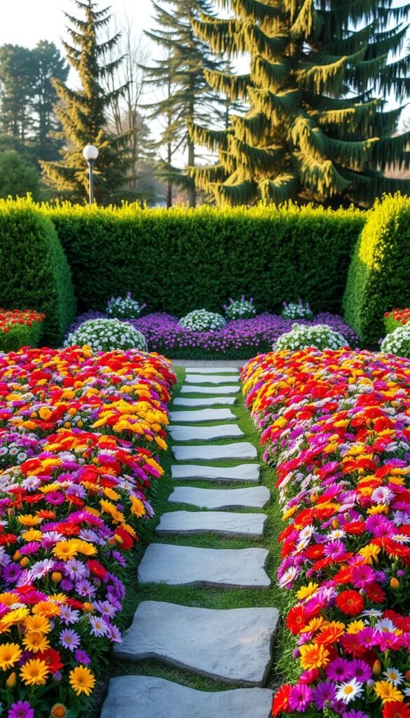 A meticulously designed flower bed layout, showcasing a harmonious arrangement of vibrant blooms. In the foreground, a lush tapestry of colorful perennials and annuals, each variety strategically placed to create a visually captivating display. The middle ground features artfully placed stepping stones, guiding the viewer's gaze through the garden. In the background, a backdrop of neatly trimmed shrubs and towering trees, providing a natural frame and a sense of depth. The lighting is soft and warm, casting a gentle glow over the scene, accentuating the delicate petals and lush foliage. The overall composition conveys a sense of tranquility and beauty, inviting the viewer to immerse themselves in the breathtaking floral design.