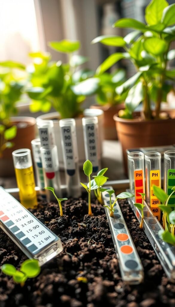 A meticulously detailed closeup shot of a soil testing kit, featuring an array of test tubes, pH strips, and a magnifying glass. In the foreground, soil samples are carefully examined, with lush green plant roots emerging from the rich, dark earth. The middle ground showcases thriving potted plants, their leaves glistening with health. In the background, a bright, natural light filters through a window, casting a warm, nurturing glow over the scene. The overall mood is one of scientific investigation and horticultural expertise, inviting the viewer to delve into the secrets of soil and plant vitality.