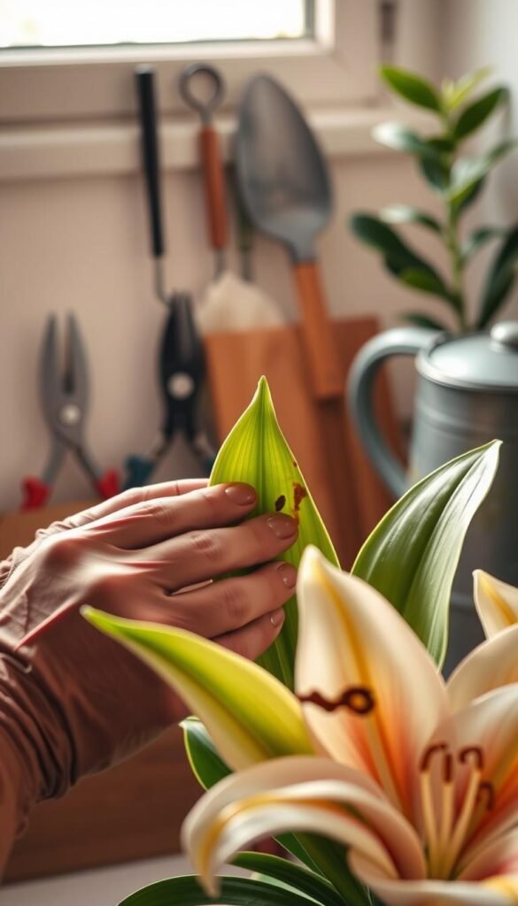 A meticulously detailed macro photograph of lily care techniques, showcasing the intricate process of nurturing these beautiful blooms. In the foreground, a pair of gloved hands gently inspecting a lily leaf, examining for signs of pests or disease. The middle ground features a collection of gardening tools - pruners, trowel, and a watering can - arranged neatly against a soft, blurred background. Warm, natural lighting filters through a window, casting a gentle glow and highlighting the delicate textures of the plant. The overall mood is one of care, diligence, and a reverence for the art of lily cultivation.