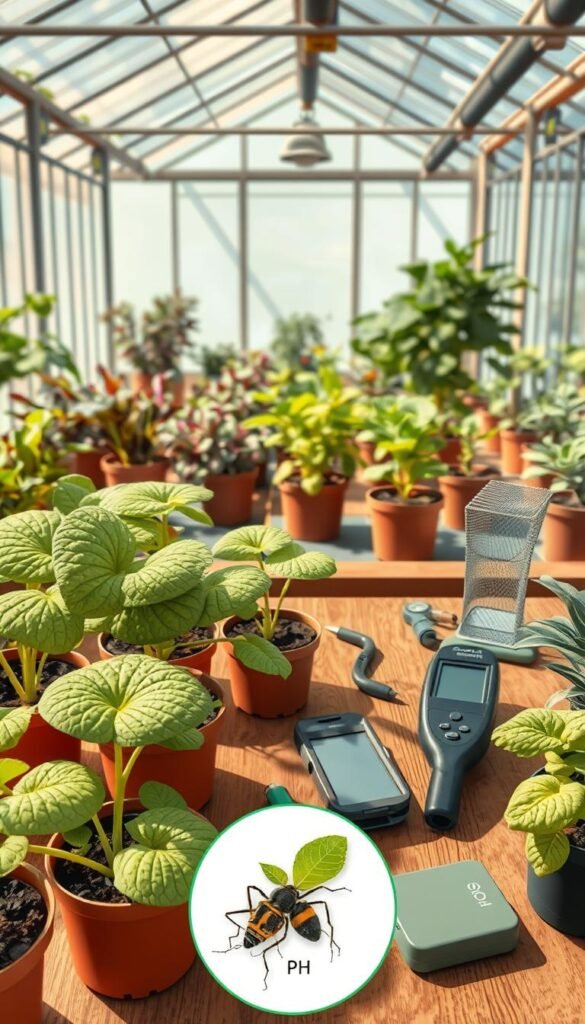 A meticulously detailed, technical illustration depicting the step-by-step process of diagnosing plant health issues in a dish garden setting. The foreground features a variety of potted plants, their leaves and stems magnified to showcase various signs of distress such as wilting, discoloration, and pest damage. The middle ground showcases a set of diagnostic tools including a magnifying glass, pH meter, and insect trap, arranged neatly on a wooden surface. The background depicts a clean, well-lit greenhouse interior, with natural lighting casting warm, directional shadows. The overall mood is educational and informative, inviting the viewer to closely examine the plants and follow the logical sequence of troubleshooting procedures.