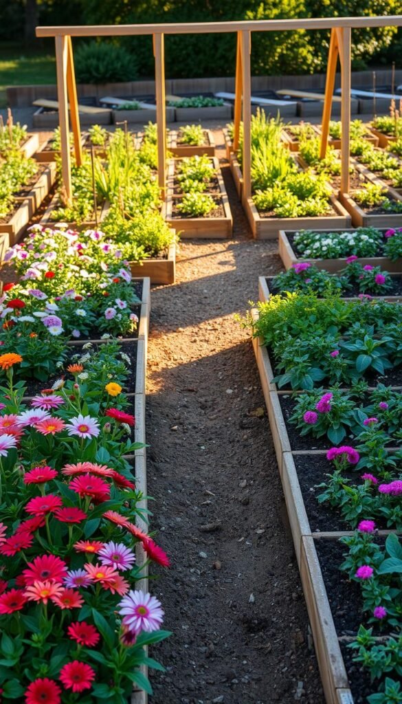 A meticulously planned raised garden bed layout, showcasing an intricately designed arrangement of flowers and herbs. The foreground features lush, vibrant blooms in a harmonious color palette, surrounded by neatly organized planting sections. The middle ground presents a well-defined path winding through the garden, guiding the viewer's gaze. In the background, a wooden frame structure supports the raised beds, adding a rustic and natural touch. Warm, golden sunlight filters through the scene, casting soft shadows and highlighting the textures of the soil and vegetation. The overall composition conveys a sense of order, tranquility, and a love for gardening.