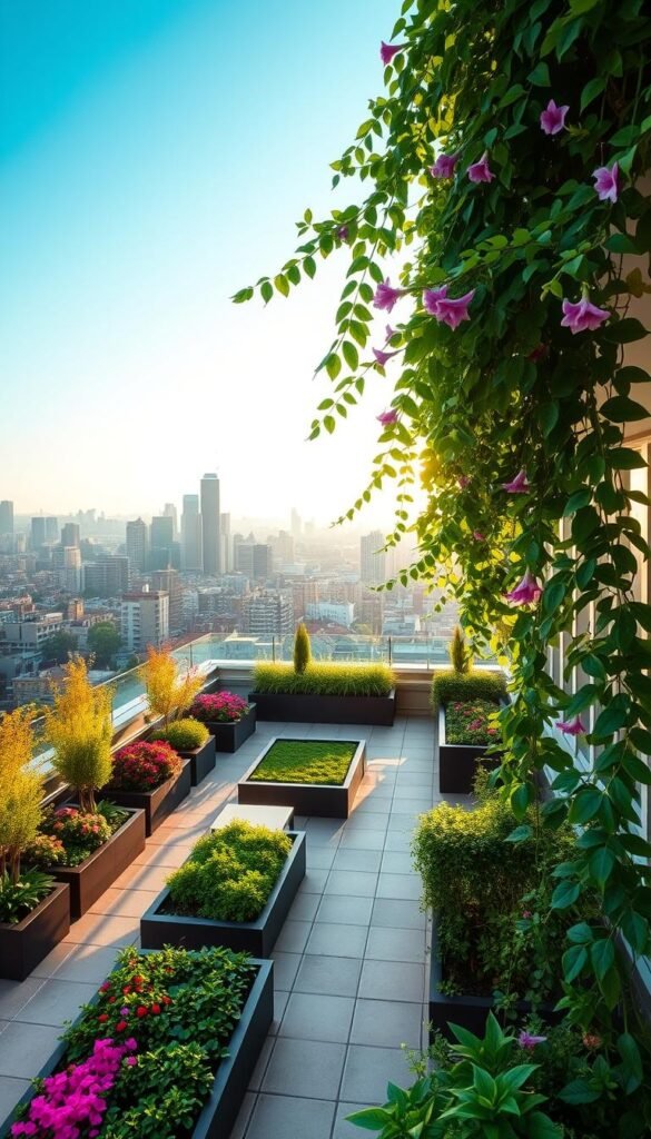 A meticulously planned rooftop garden, with lush greenery and vibrant blooms cascading over the city skyline. The foreground showcases a detailed layout of garden beds, pathways, and seating areas, all harmoniously integrated. In the middle ground, raised planters house an array of thriving plants, their leaves rustling gently in the soft breeze. The background reveals a panoramic view of the urban landscape, with skyscrapers and rooftops creating a striking contrast against the verdant oasis. Warm, golden sunlight filters through, casting a serene and inviting atmosphere. The overall scene exudes a sense of tranquility and a harmonious blend of nature and the city.