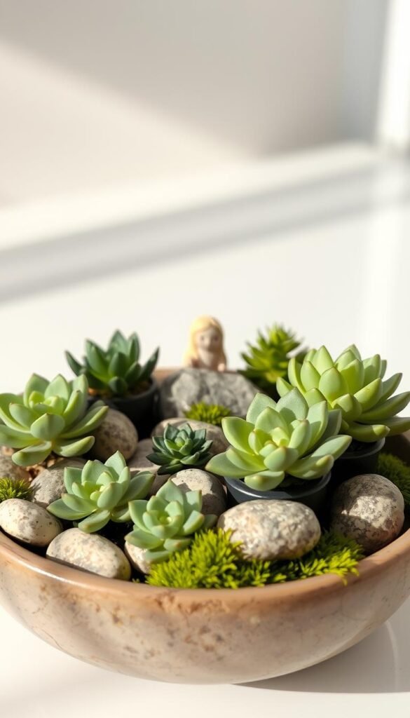 A miniature dish garden, filled with thriving succulents and adorned with delicate accents. The foreground showcases a variety of sculptural, potted succulents in varying shades of green, complemented by smooth, rounded rocks that create a sense of tranquility. In the middle ground, a small, whimsical figurine or miniature statue adds a touch of charm, while delicate patches of soft, vibrant moss add visual interest and texture. The background depicts a clean, light-filled environment, with gentle shadows and highlights that create a sense of depth and dimension. The overall scene exudes a serene, natural atmosphere, inviting the viewer to appreciate the beauty and intricate details of this captivating miniature garden design.