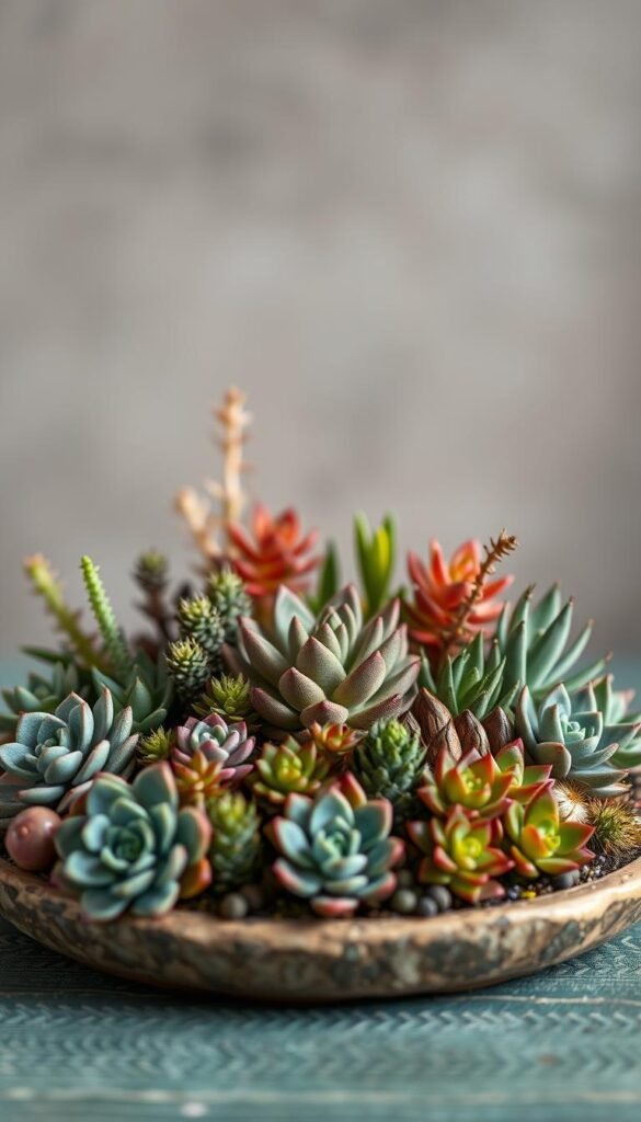 A miniature dish garden with an array of lush, vibrant succulents in a rustic, earthy composition. The foreground showcases an assortment of varied shapes and textures, including rosette-shaped echeveria, spiky aeoniums, and delicate sedum. The middle ground features a central focal point, a small stone or ceramic planter, gently illuminated by warm, directional lighting that casts soft shadows. The background subtly fades into a neutral, muted tone, allowing the plants to be the star of the scene. The overall mood is one of natural, low-maintenance beauty, inviting the viewer to imagine creating their own small-scale, self-sustaining dish garden centerpiece.