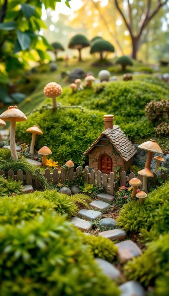 A miniature fairy garden layout with a whimsical, enchanted ambiance. In the foreground, a lush carpet of verdant moss and delicate ferns, interspersed with miniature flowering plants and a winding stone path. In the middle ground, a charming miniature cottage with intricate details, surrounded by a picket fence adorned with trailing vines. Towering mushrooms and fantastical toadstools dot the scene, creating a sense of scale and wonder. In the background, a gently sloping hill dotted with tiny trees and shrubs, bathed in a warm, soft light that filters through a canopy of leaves. The overall composition evokes a sense of tranquility and a hidden, magical realm waiting to be discovered.