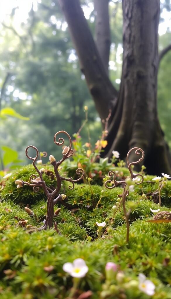 A miniature fairy garden, nestled in a lush, verdant setting. In the foreground, whimsical miniature trees with delicate, twisting branches and tiny leaves sway gently in a soft breeze. Mossy ground covers and diminutive shrubs create a captivating, natural landscape, inviting the viewer to explore this enchanting world. The middle ground features a mix of delicate, flowering plants, their petals adding pops of color to the scene. In the background, towering trees provide a sense of depth and scale, casting a warm, dappled light across the entire tableau. Ethereal and enchanting, this fairy garden evokes a sense of wonder and tranquility, mirroring the beauty and tranquility found in nature.