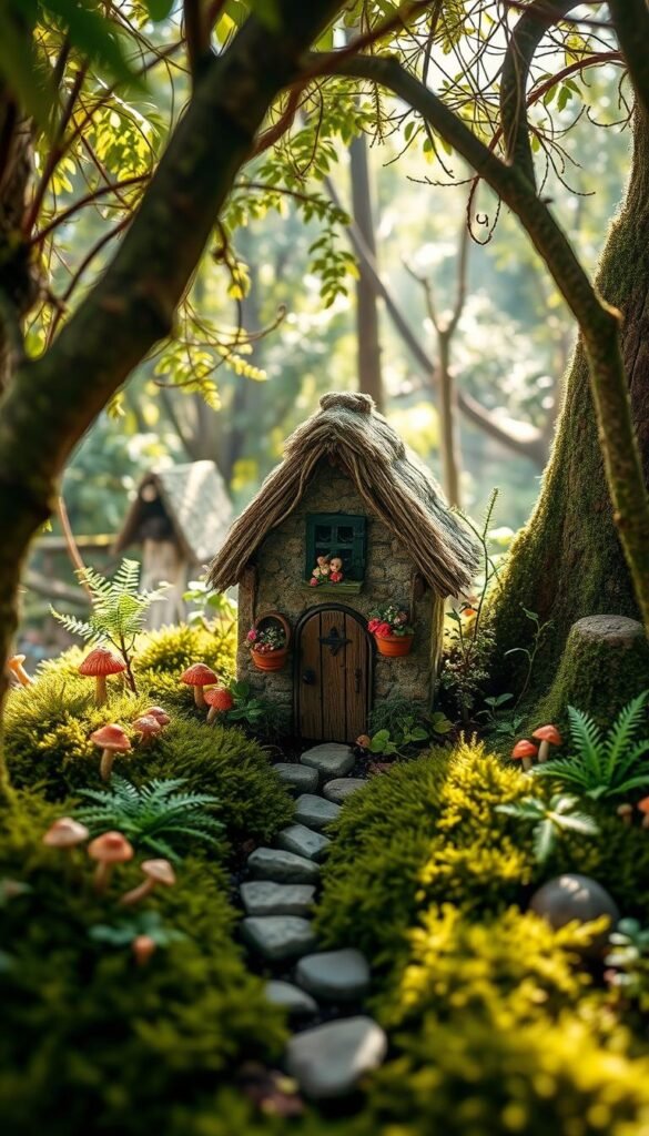 A miniature fairy garden set in a quaint, mossy woodland clearing. Delicate ferns, toadstools, and enchanted flora surround a whimsical scene. At the center, a charming cottage with a thatched roof and flower boxes. Twisting vines and a miniature gate lead to a stone path, where tiny fairy folk can be glimpsed. Dappled sunlight filters through the canopy, casting a warm, magical glow. Wisps of mist drift between the trees, heightening the sense of wonder. The composition is balanced, with the cottage as the focal point, surrounded by a lush, fantastical landscape. An intimate, enchanted world, inviting the viewer to step inside and explore the imaginative fairy garden themes.