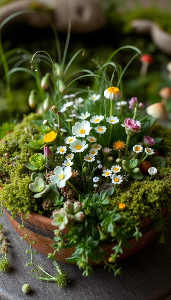 A miniature garden bursting with lush, delicate plants and whimsical flowers. In the foreground, a mix of tiny succulents, mosses, and ferns cascade over the edges of a rustic ceramic dish. The middle ground showcases a variety of petite blooms - delicate bell-shaped flowers, diminutive daisies, and cheerful pops of color from miniature roses. A soft, diffused lighting illuminates the scene, casting gentle shadows and lending an ethereal, enchanted quality. The background hints at a fairy-tale landscape, with wispy grasses and a scattering of miniature mushrooms. The overall impression is one of a captivating, meticulously crafted natural tableau, inviting the viewer to lean in and discover its intricate beauty.