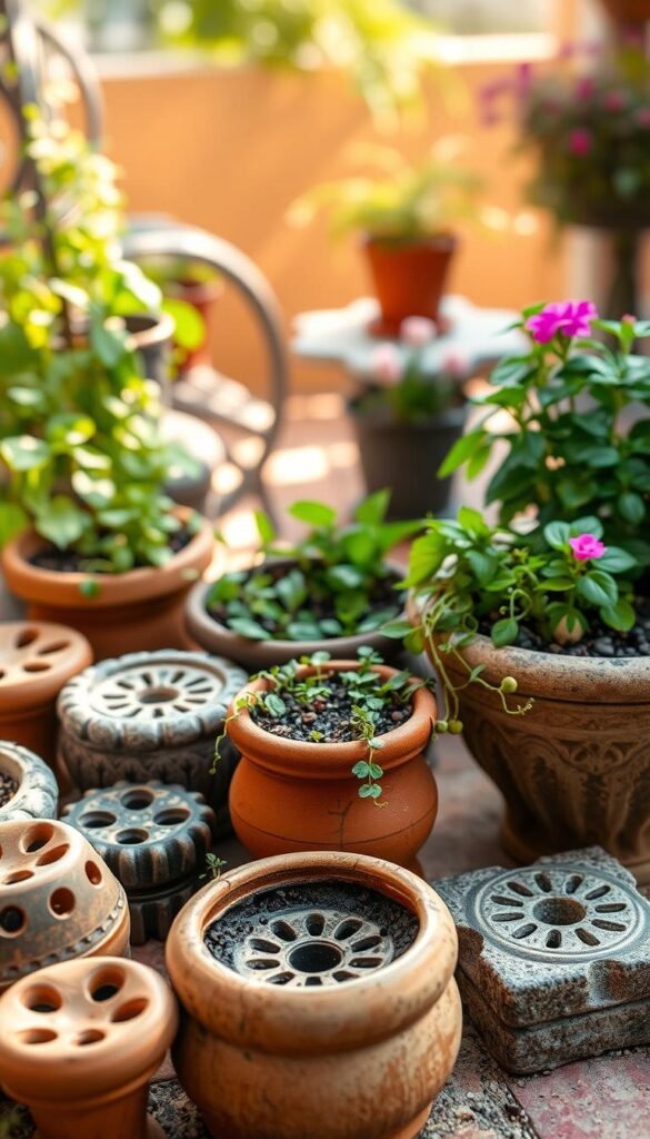 A miniature garden set against a warm, sun-dappled backdrop. In the foreground, a variety of decorative pots and planters, each with intricate drainage systems integrated into their design. Ceramic, terracotta, and stone containers, each with strategically placed holes, channels, and slopes to ensure efficient water flow and prevent waterlogging. The middle ground features lush, thriving plants cascading over the container edges, their vibrant foliage and blooms reflecting the careful attention to drainage. In the background, a gently blurred patio or balcony setting, hinting at the small-space context. The overall scene conveys a sense of balance, functionality, and the beauty that can be achieved when designing miniature gardens with drainage in mind.