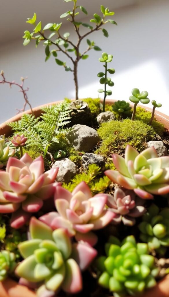 A miniature garden with a carefully curated selection of petite plants, meticulously arranged in a charming pot. The foreground features a variety of succulents, their fleshy leaves in shades of green, purple, and pink, adding texture and visual interest. In the middle ground, delicate ferns and moss-covered stones create a lush, whimsical atmosphere. The background showcases a few miniature trees or shrubs, their small-scale leaves and branches adding depth and a sense of scale. The lighting is soft and natural, casting gentle shadows that accentuate the contours of the plants. The overall composition evokes a sense of tranquility and wonder, perfect for a fairy-inspired miniature garden.