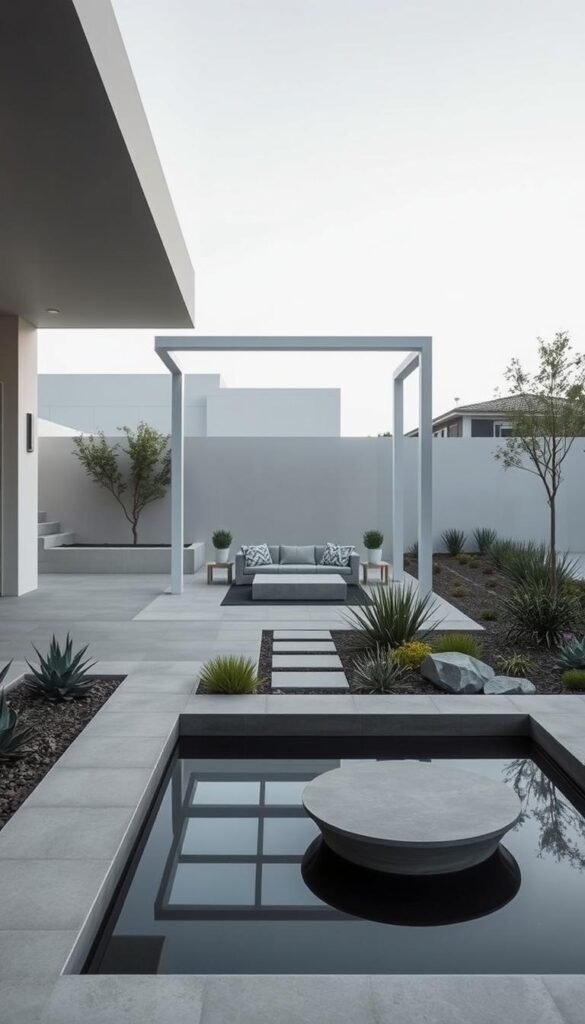 A minimalist, contemporary outdoor space with sleek architectural lines and a serene, minimalist aesthetic. The foreground features a zen-inspired water feature or reflection pool, surrounded by carefully curated, sculptural plantings. The middle ground showcases a simple, modern seating arrangement in natural materials, framed by an elegant, geometric pergola or trellis structure. The background depicts a clean, uncluttered landscape with a muted color palette, perhaps including a hint of a modern, single-story residence. The scene is illuminated by soft, diffused natural lighting, creating a calming, meditative atmosphere.