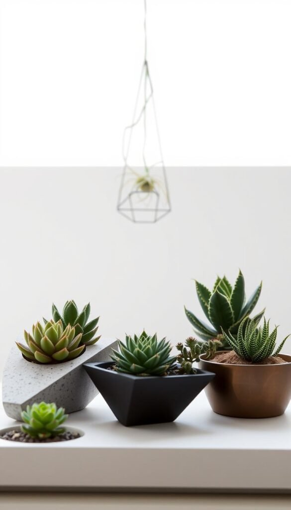 A minimalist, modern dish garden design set against a bright, airy backdrop. In the foreground, an asymmetric arrangement of succulents and cacti in sleek, geometric planters made of concrete, metal, or ceramics. The middle ground features a solitary, sculptural air plant suspended in a sleek, wire frame. The background is a clean, white wall or a large window letting in soft, natural light, creating a sense of open, contemporary space. The overall composition exudes a serene, minimalist aesthetic, with a focus on the interplay of organic shapes and materials within a refined, urban setting.