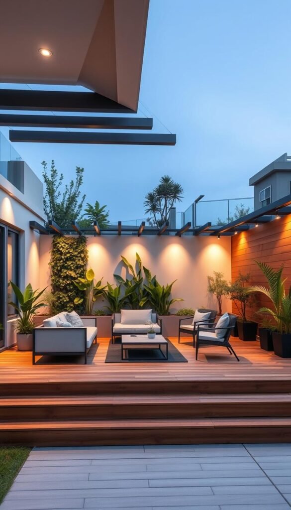 A modern, DIY outdoor space with a sleek, minimalist design. In the foreground, a raised wooden deck with a stylish patio furniture set including a low-profile sofa, armchairs, and a coffee table. Mid-ground, lush potted plants and a vertical garden wall add natural elements. In the background, a modern, angular pergola casts dynamic shadows, framing the scene. The lighting is a mix of warm, recessed spotlights and subtle string lights, creating a cozy, atmospheric ambiance. The entire setup is captured from a slightly elevated, three-quarter angle, showcasing the thoughtful, contemporary layout.