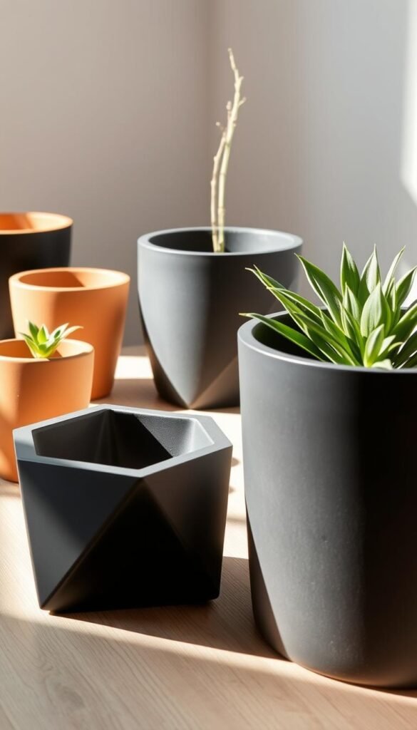 A modern minimalist arrangement of classic terracotta clay pots and sleek matte black planters, artfully displayed on a light wooden surface. The pots feature simple geometric shapes and clean lines, while the planters have a distinctive angular design. Soft, diffused natural lighting illuminates the scene, creating subtle shadows and highlights that accentuate the textures and materials. The overall composition has a harmonious, balanced aesthetic, blending the timeless appeal of traditional clay pots with the contemporary sophistication of modern planters, creating an appealing visual for a container flower garden.