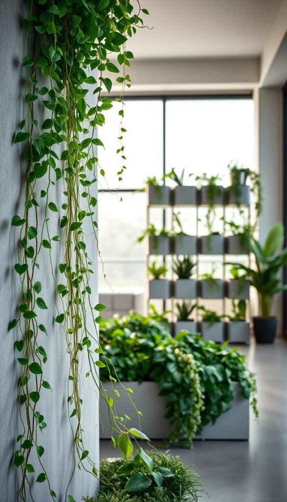 A modern, minimalist vertical garden showcasing a variety of trailing and climbing plants cascading down a sleek concrete or wooden wall. The foreground features lush greenery in shades of emerald and chartreuse, with delicate vines and tendrils creeping across the surface. The middle ground highlights a well-designed modular planter system, featuring a clean, geometric arrangement of individual planting boxes or pockets. The background depicts a bright, airy setting with soft, diffused natural lighting filtering through large windows or an open outdoor space, creating a serene, tranquil atmosphere. The overall composition emphasizes the beauty and functionality of vertical gardening as a space-saving solution for small urban environments.