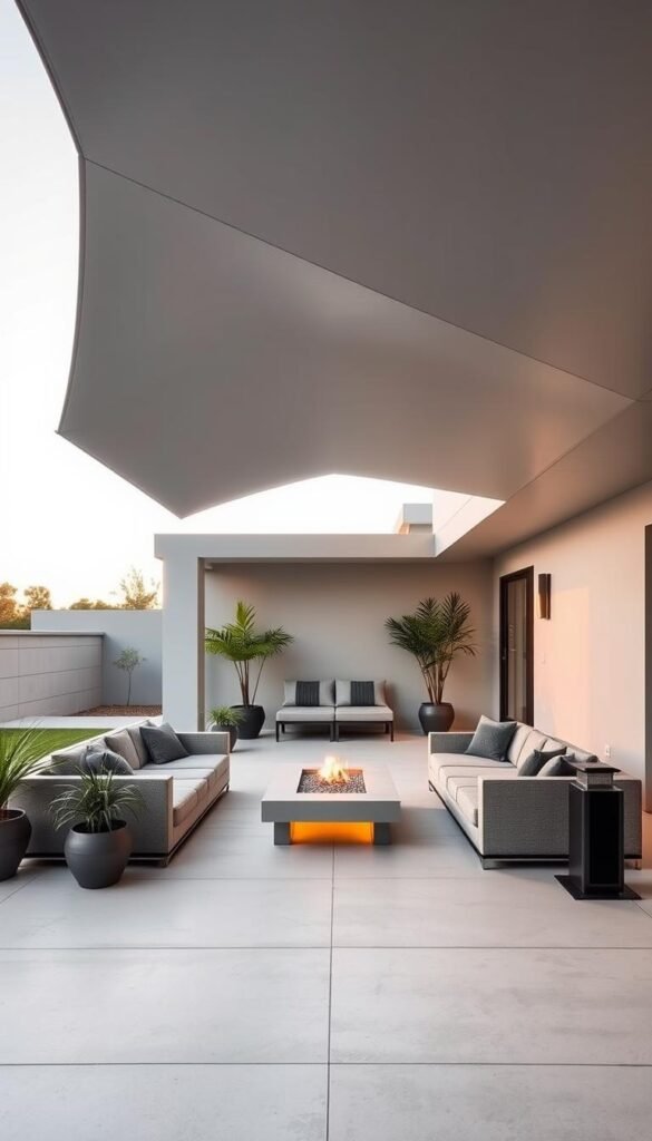 A modern outdoor living space with clean, minimalist lines and a sleek, functional aesthetic. A spacious patio or deck with smooth concrete or wood flooring, complemented by a low-profile, modular sofa or lounge set in neutral tones. A large, angular canopy or pergola overhead, casting soft, diffused natural lighting across the scene. Strategically placed potted plants and a small, reflecting pool or water feature add natural elements, while a subtle, recessed firepit or heater provides warmth and ambiance. The overall atmosphere is one of sophisticated, contemporary design that seamlessly integrates the indoor and outdoor living experience.
