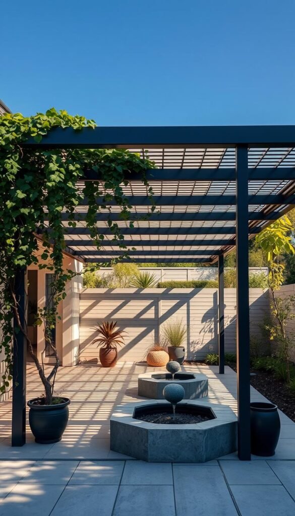 A modern pergola, its clean lines and minimalist design casting intricate shadows on the patio below. The structure is crafted from sleek, powder-coated metal, with slender beams and a slatted roof that filters the sunlight, creating a play of light and shadow. Lush, trailing vines climb the pergola's supports, adding a touch of natural beauty and softening the angular form. The surrounding garden is meticulously landscaped, with strategically placed potted plants and a tranquil water feature, creating a serene and inviting outdoor oasis. The lighting is soft and warm, enhancing the cozy, intimate atmosphere. The overall scene evokes a sense of refined, contemporary style and a harmonious blending of shade, structure, and natural elements.