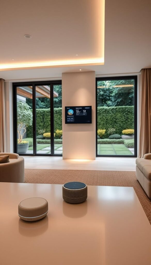A modern, streamlined smart home interior with integrated technology. In the foreground, a sleek, minimalist table with voice-controlled smart home devices, seamlessly blending into the elegant, neutral-toned decor. In the middle ground, a wall-mounted touchscreen display showcasing home automation controls, casting a soft, ambient glow. The background features large windows offering panoramic views of a lush, well-manicured garden, creating a harmonious indoor-outdoor transition. The lighting is a combination of warm, recessed ceiling fixtures and natural daylight, highlighting the clean, sophisticated aesthetic. The overall mood is one of effortless, technologically-enhanced living, where form and function coexist in perfect harmony.