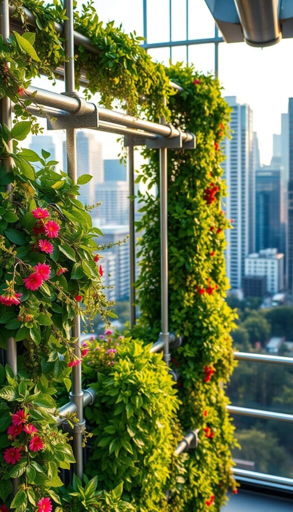 A modern vertical garden featuring sleek, integrated irrigation systems. In the foreground, a mix of lush foliage and vibrant flowers cascade down the structured metal framework. Mist sprinklers mist the plants, their fine water droplets catching the warm, golden afternoon light. In the middle ground, the intricate piping system is visible, with clean, minimalist design that blends seamlessly into the garden. The background showcases the urban environment, with a cityscape of high-rise buildings framed by the verdant vertical garden. The overall scene conveys a sense of harmony between nature and technology, creating a tranquil, functional oasis in an otherwise concrete landscape.