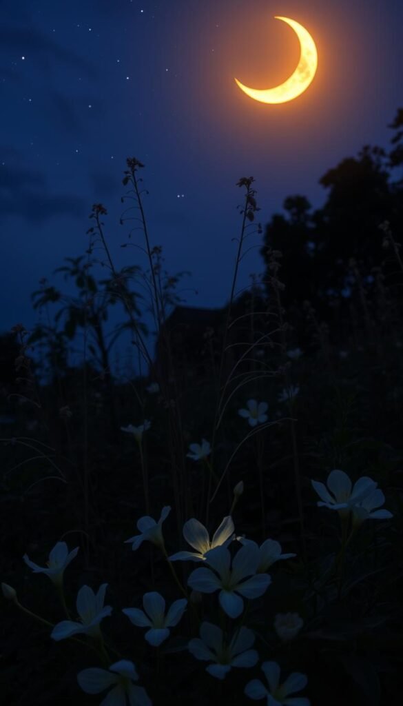 A moonlit garden at twilight, with a lush, overgrown display of night-blooming flowers. In the foreground, delicate, fragrant moon flowers unfurl their petals, casting a soft, ethereal glow. In the middle ground, tall, wispy stems of night-scented jasmine sway gently in the cool evening breeze. The background is a tableau of deep indigo skies, dusted with stars, and the warm, amber light of a crescent moon overhead, illuminating the mystical scene. The overall atmosphere is one of enchantment, serenity, and the magic of the natural world under the cover of night.