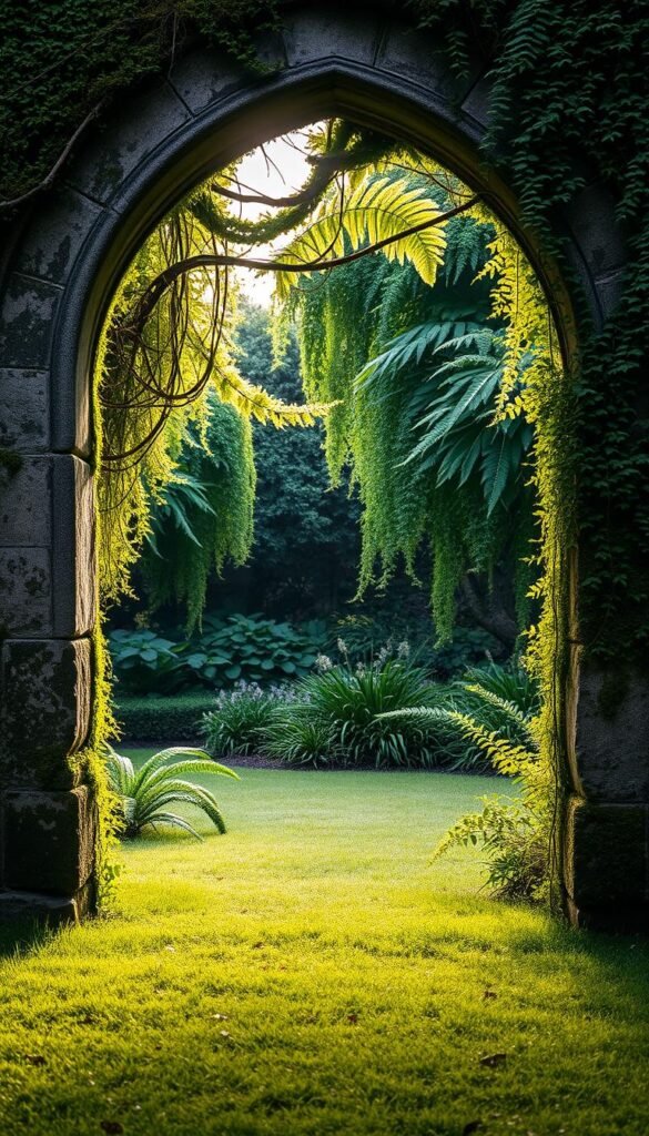 A moss-covered stone archway frames a lush, verdant garden oasis. Delicate ferns and trailing vines cascade over the weathered entryway, creating a sense of enchantment and timelessness. Soft, diffused natural light filters through the dense foliage, casting a warm, magical glow on the scene. The grassy path leading through the archway invites exploration, hinting at the hidden wonders beyond. A sense of mystery and discovery permeates the composition, evoking the spirit of a secret garden retreat. Intricate textures, rich earthy tones, and a harmonious balance of organic forms all contribute to the captivating, dream-like atmosphere.