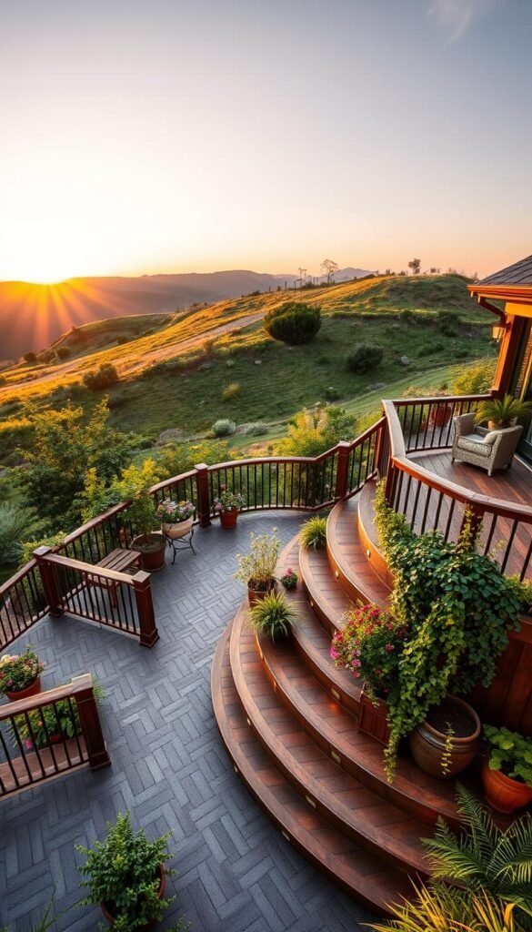A multi-level deck design with intricate patterns and textures, nestled amidst a lush, verdant garden. The foreground showcases a series of stepped platforms, each adorned with tasteful wooden railings and subtle lighting fixtures, creating an inviting and visually striking outdoor living space. The middle ground features an array of potted plants, flowering shrubs, and trailing vines, seamlessly blending the deck with the surrounding natural landscape. In the background, a gently sloping hill provides a picturesque backdrop, with the warm, golden glow of the setting sun casting a soft, tranquil ambiance over the entire scene. Captured through a wide-angle lens, this image exudes a sense of harmony, functionality, and effortless sophistication.