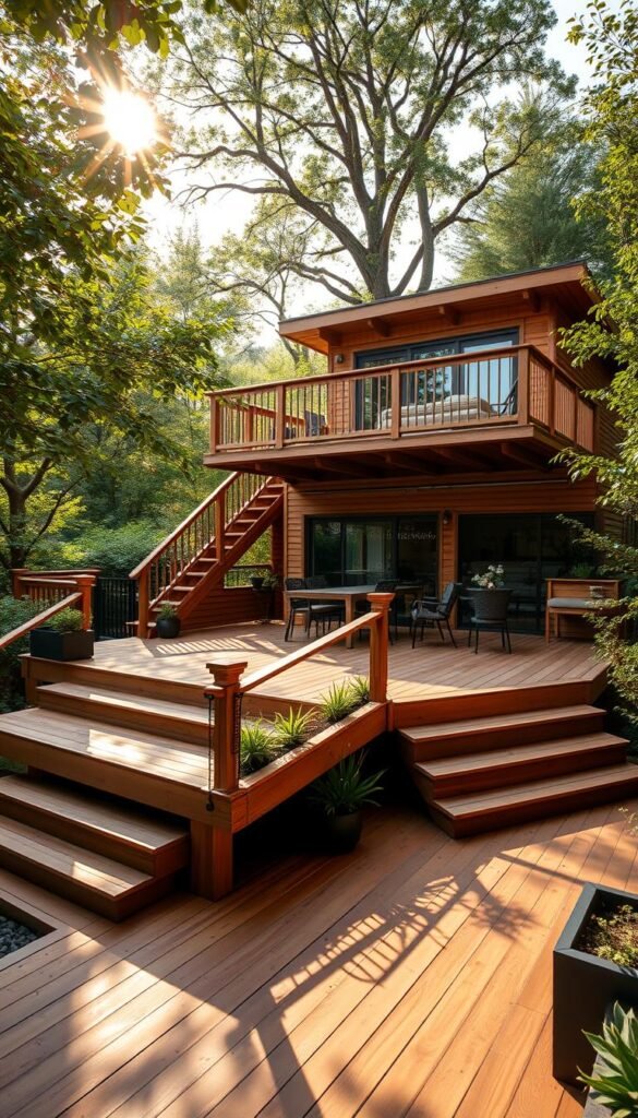 A multi-level wooden deck nestled in a lush garden, the sunlight filtering through the surrounding trees. The main level features a sleek, contemporary design with clean lines and ample space for outdoor dining and lounging. A set of steps leads up to a raised platform, offering a breathtaking view of the garden. The deck's unique shape incorporates dynamic angles and platforms, creating visual interest and a sense of depth. Strategically placed planters and greenery add a natural touch, blending the structure seamlessly with its surroundings. The scene is lit by a warm, golden light, casting a cozy ambiance and accentuating the textural details of the wood and foliage. A high-quality, wide-angle lens captures the scene, showcasing the deck's multi-layered design and its integration with the lush, inviting garden.