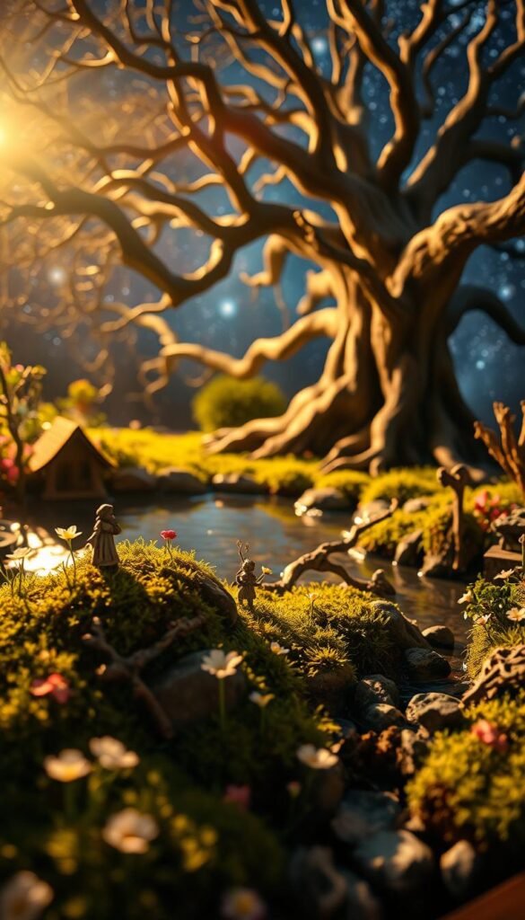A mystical miniature world, bathed in a soft, enchanted glow. In the foreground, a whimsical fairy garden, with delicate flowers, moss-covered rocks, and tiny, enchanted figurines. The middle ground reveals a shimmering pond, its surface reflecting the starry night sky above. In the distance, a towering, ancient tree spreads its gnarled branches, casting gentle shadows over the scene. The atmosphere is one of wonder and tranquility, inviting the viewer to step into this captivating, miniature realm. Lit by a warm, golden light, the image captures the essence of a fairy-tale come to life, a perfect reflection of the "Embracing the Magic of Your Mini Fairy Garden".