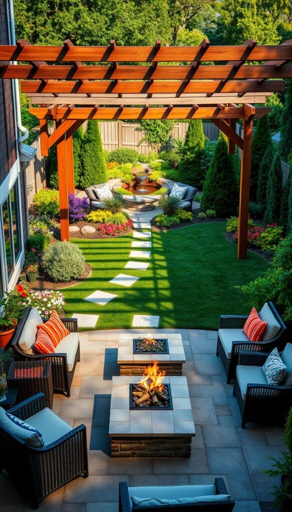 A neatly arranged backyard layout with distinct functional zones. In the foreground, a well-designed patio with comfortable outdoor furniture and a cozy fire pit, inviting for intimate gatherings. The middle ground features a lush garden with a mix of vibrant flowers, neatly trimmed shrubs, and a meandering path leading to a secluded seating area. In the background, a wooden pergola casts gentle shadows, framing a serene water feature that adds a soothing ambiance. The scene is illuminated by warm, natural lighting, creating a welcoming and relaxing atmosphere. The overall composition emphasizes efficient use of space, harmonious design, and a seamless integration of practical and aesthetic elements, perfect for an article on functional backyard layouts.