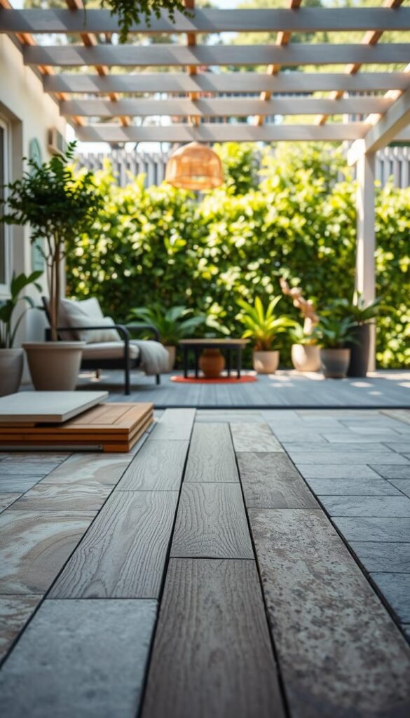 A neatly arranged comparison of various patio flooring materials, showcased in a well-lit, airy outdoor setting. The foreground displays an array of samples, including natural stone tiles, weathered wood planks, and textured concrete pavers, meticulously laid out to highlight their unique textures and hues. The middle ground features a lush, verdant background, with verdant potted plants and a hint of a cozy seating area, creating a harmonious and inviting atmosphere. The lighting is soft and natural, casting gentle shadows and accentuating the materials' intricate details. The overall composition conveys a sense of tranquility and inspiration, perfectly suited for a feature on "Curating Dreamy Flooring and Patioscape Designs".