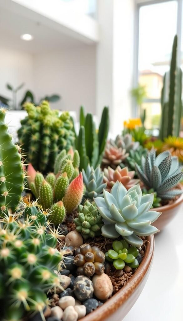 A neatly arranged dish garden, showcasing an assortment of lush, thriving cacti and succulents. The foreground features a close-up view, highlighting the intricate textures and vibrant colors of the plants, with their spines and delicate leaves. The middle ground showcases the overall layout of the dish garden, with the plants strategically placed to create a balanced, harmonious composition. The background depicts a well-lit, airy space, with soft, diffused lighting that accentuates the natural beauty of the mini landscape. The scene conveys a sense of tranquility and attention to detail, perfectly capturing the essence of maintaining a healthy, thriving dish garden.