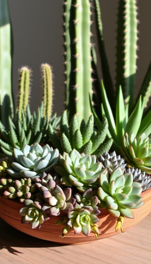 A neatly arranged dish garden showcasing the basics of succulent and cactus plants. In the foreground, a variety of compact, rosette-shaped succulents in shades of green and purple cascade over the edges of a rustic ceramic container. Behind them, bold green barrel cacti and spiky, triangular agave plants stand tall, casting long shadows across the scene. The lighting is soft and natural, highlighting the textures and subtle hues of the plants. The overall composition is balanced and visually harmonious, inviting the viewer to appreciate the diverse forms and adaptations of these resilient desert dwellers.