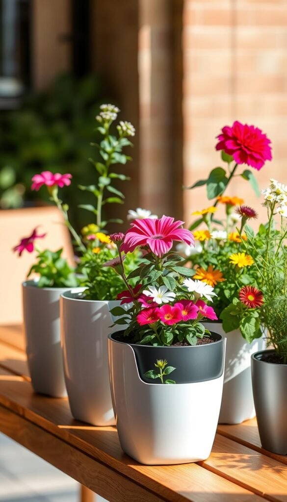 A neatly arranged display of self-watering containers, showcasing a variety of vibrant flowers and lush greenery. The containers, crafted from sleek, modern materials, stand on a well-lit wooden table against a softly blurred background. Warm, natural lighting bathes the scene, casting gentle shadows and highlighting the detailed textures of the plants. The containers feature integrated water reservoirs and self-regulating mechanisms, allowing the flowers to thrive with minimal maintenance. This setup embodies the beauty and simplicity of container gardening, an ideal solution for busy gardeners seeking low-maintenance options to enhance their small outdoor spaces.