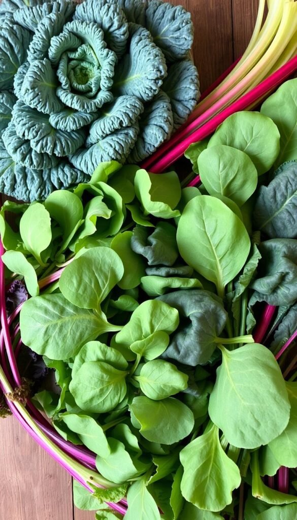 A neatly arranged display of vibrant cold-hardy greens varieties, including lush kale, crisp spinach, and hearty Swiss chard, set against a backdrop of a rustic wooden table. The produce is bathed in soft, natural lighting, highlighting the intricate textures and rich colors of the leaves. The overall composition conveys a sense of seasonal abundance and the bounty of a well-tended winter garden.