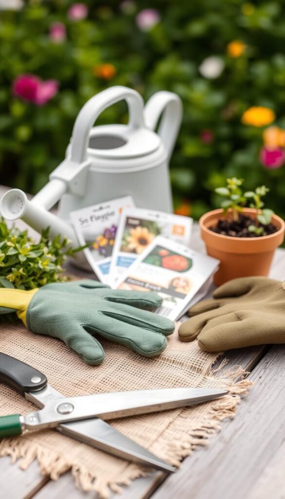 A neatly arranged garden table with an assortment of essential flower gardening tools and supplies. In the foreground, a pair of pruning shears, a hand trowel, and a gardening glove sit atop a burlap cloth. In the middle ground, a watering can, seed packets, and a small plant pot filled with potting soil. The background features a lush green backdrop, hinting at a flourishing flower garden. The lighting is soft and natural, casting gentle shadows and highlighting the textures of the various items. The overall mood is one of organization, productivity, and the joy of nurturing a beautiful outdoor space.