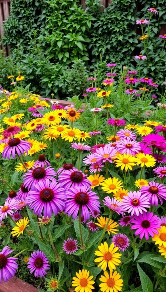 A neatly arranged raised garden bed filled with a vibrant array of pollinator-friendly flowers. In the foreground, clusters of colorful blooms such as purple coneflowers, yellow daisies, and pink zinnias sway gently in a soft, natural light. The middle ground features lush, green foliage of various shapes and textures, creating a harmonious backdrop. In the background, a wooden fence or trellis acts as a natural frame, blending seamlessly with the scene. The overall composition evokes a sense of tranquility and invites the viewer to imagine the gentle hum of bees and butterflies flitting among the flowers. Captured with a wide-angle lens to showcase the full beauty of the raised bed garden.